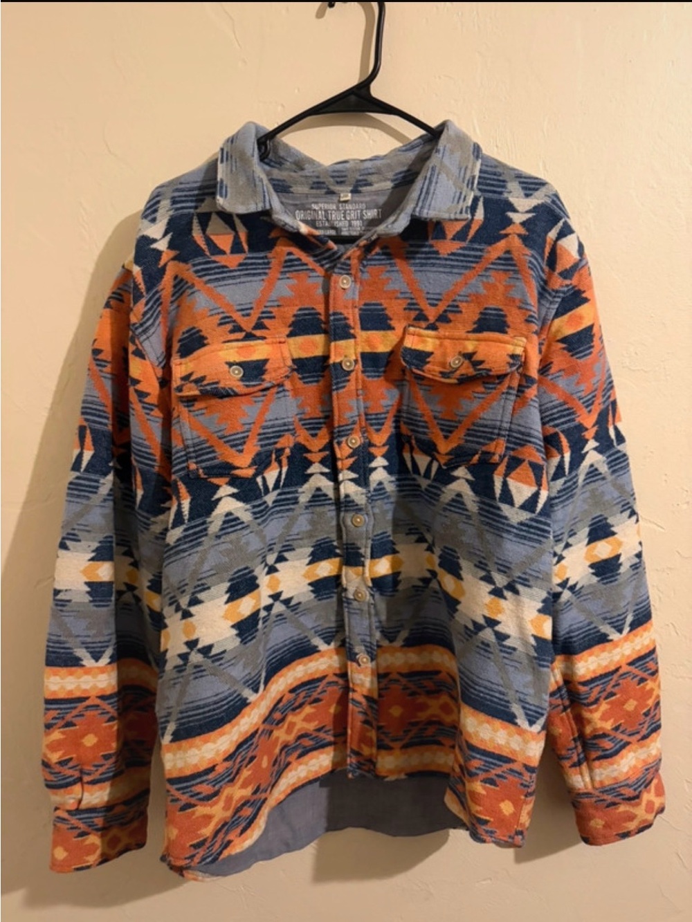 True Grit Aztec Print Button-Down Shirt Jacket in Blue and Orange
